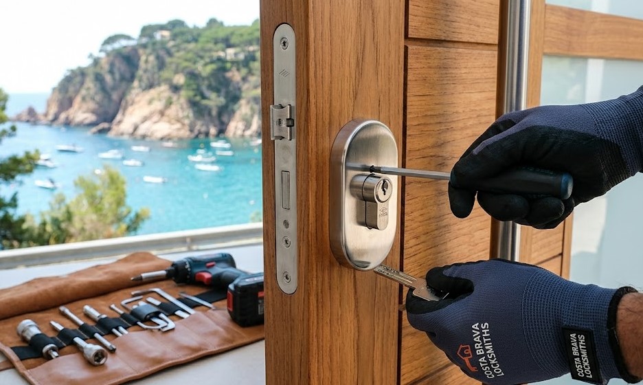 Especialista instalando cerradura de alta seguridad premium en puerta de chalet en Tamariu