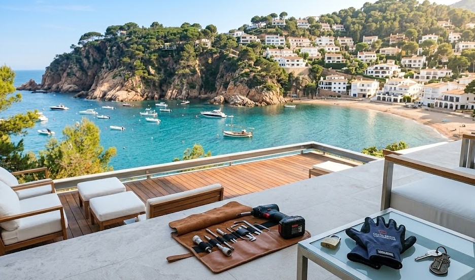 Vista del entorno natural, el mar y las blancas casas sobre los acantilados de Tamariu, Costa Brava
